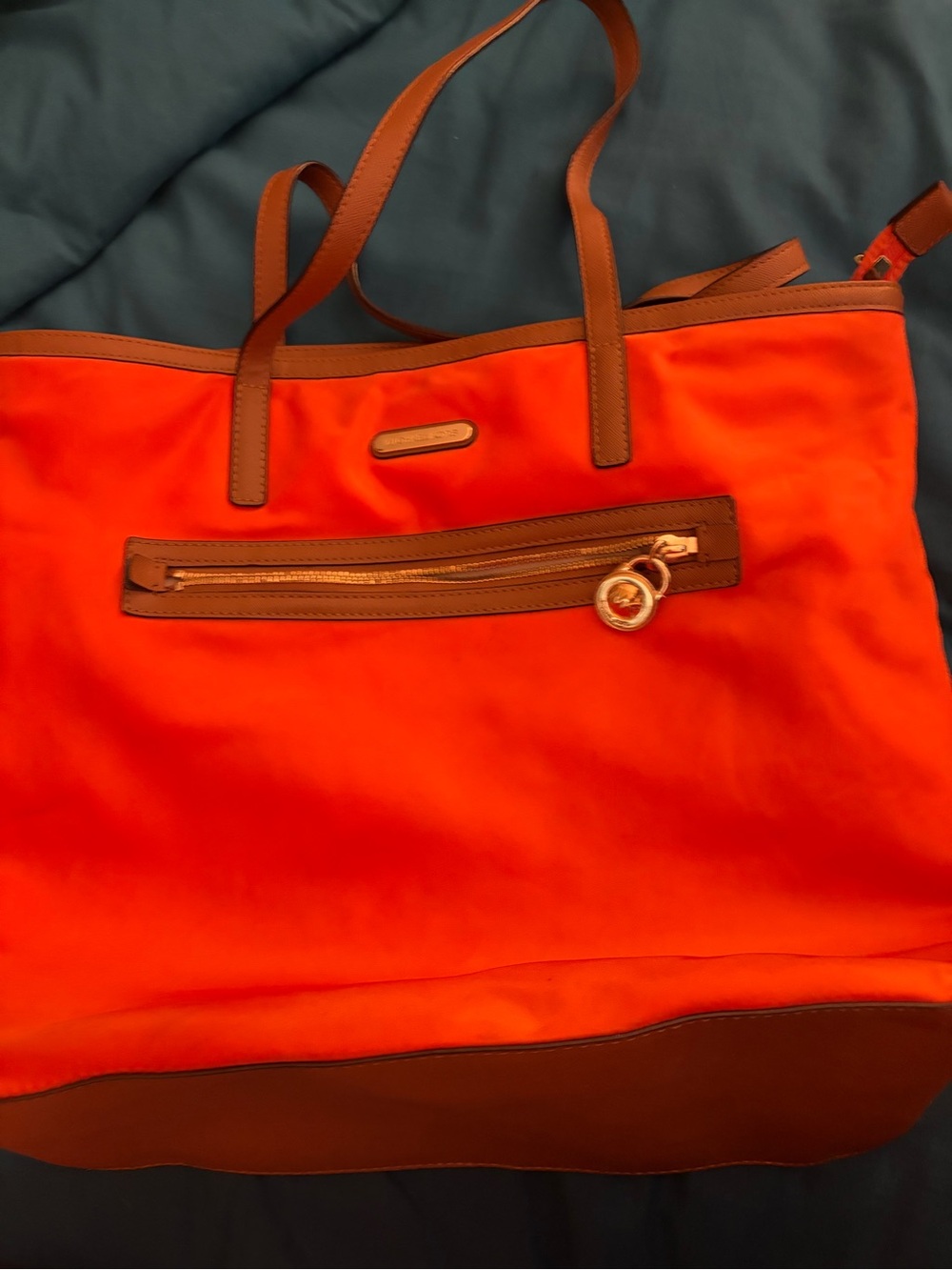 Michael Kors Orange Tote with Brown Trim and Gold Hardware